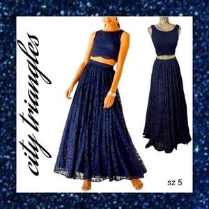 Formal Dark Blue Lace 2 Piece Crop Top Full Maxi Skirt Gown Long Dress Designer